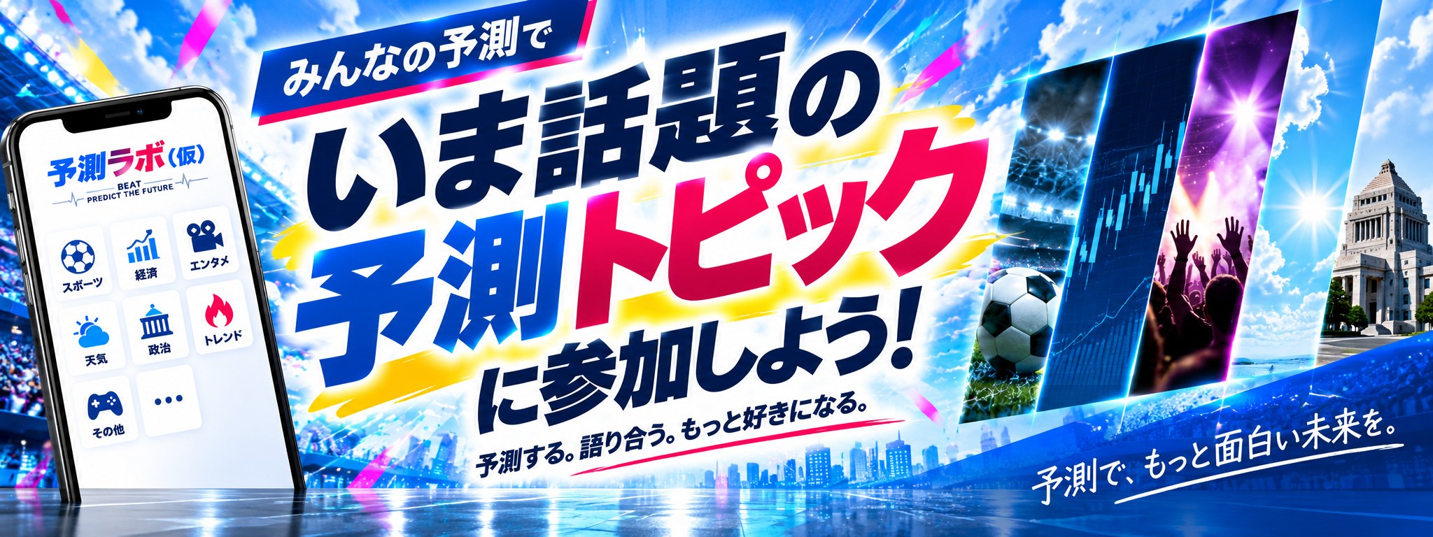 みんなの予測で、いま話題の予測トピックに参加しよう！ スポーツ・経済・エンタメ・天気・政治・トレンド。予測する。語り合う。もっと好きになる。