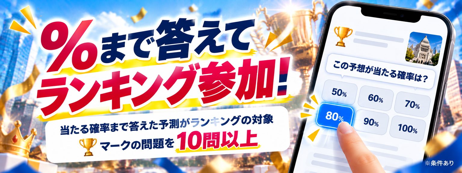 %まで答えてランキング参加！当たる確率まで答えた予測がランキングの対象。トロフィーマークの問題を10問以上。※条件あり